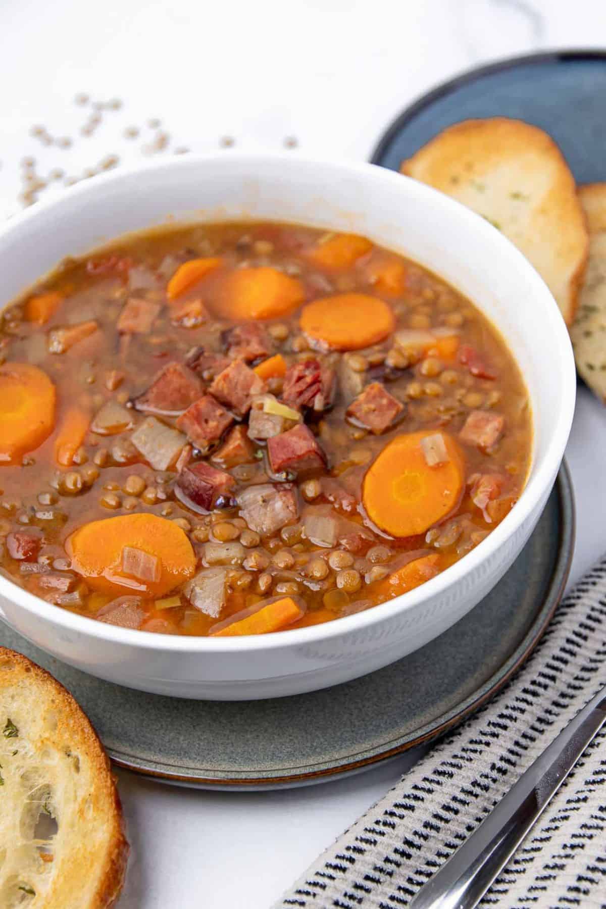 A bowl of Slow Cooker Lentil Soup with Ham
