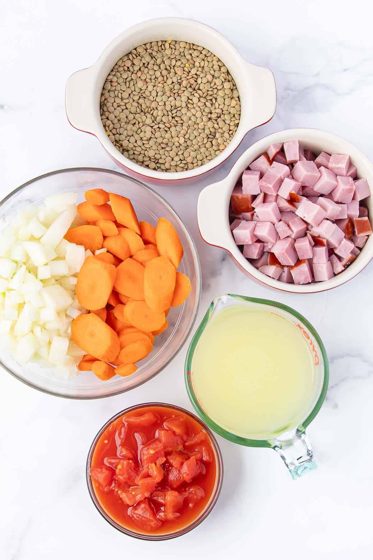 Ingredients to make a Slow Cooker Lentil Soup with Ham. Lentils, large ham hock or 2 cups diced ham, carrots,  onions, low sodium chicken broth, diced tomatoes with juices, pepper, Garlic powder