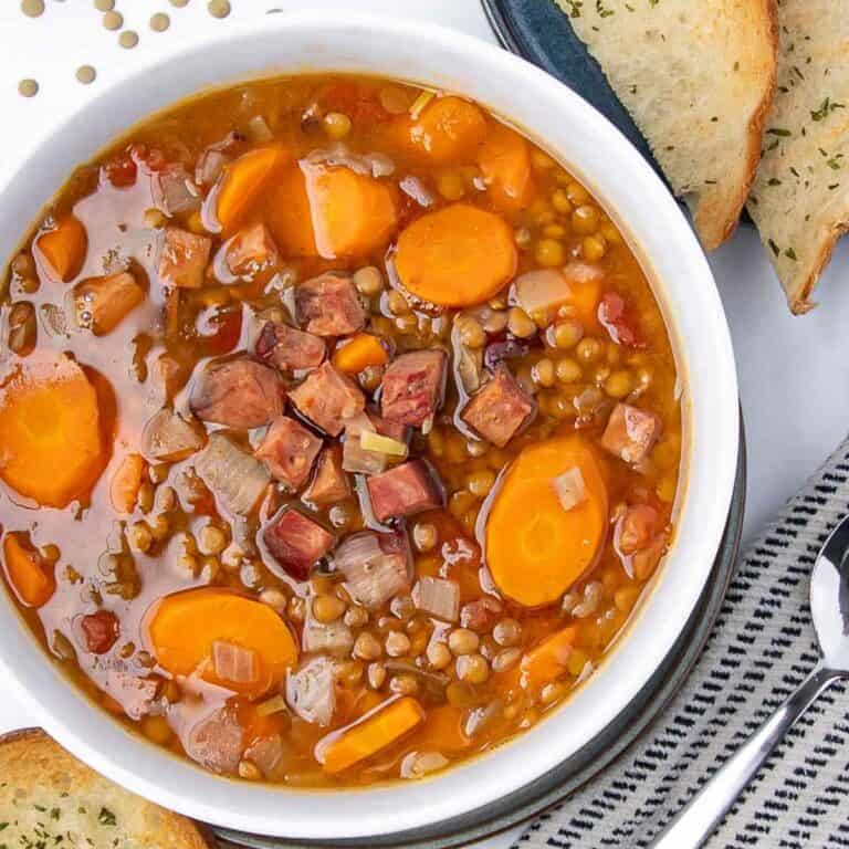 Lentil ham soup made in the slow cooker with carrots, ham and lentils