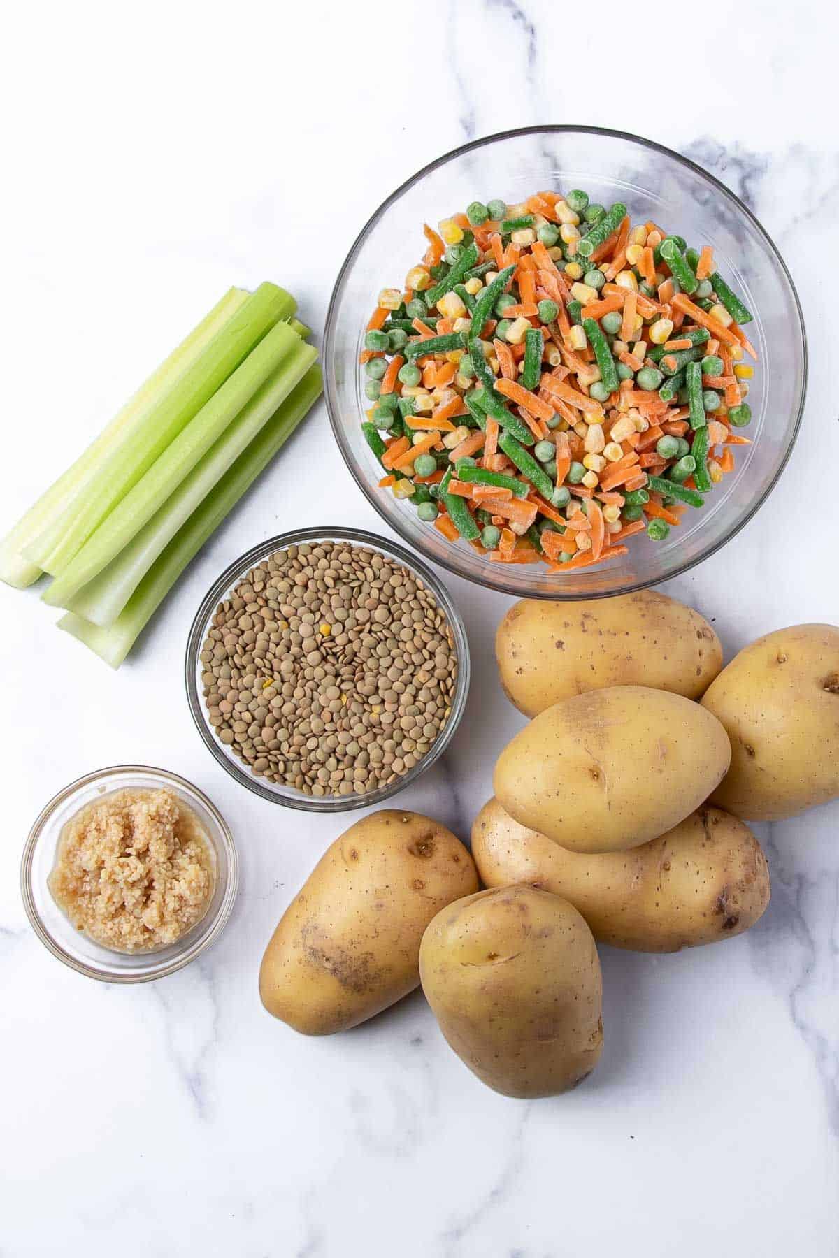 Slow Cooker Lentil Stew Ingredients including potatoes, green lentils, fresh garlic, celery