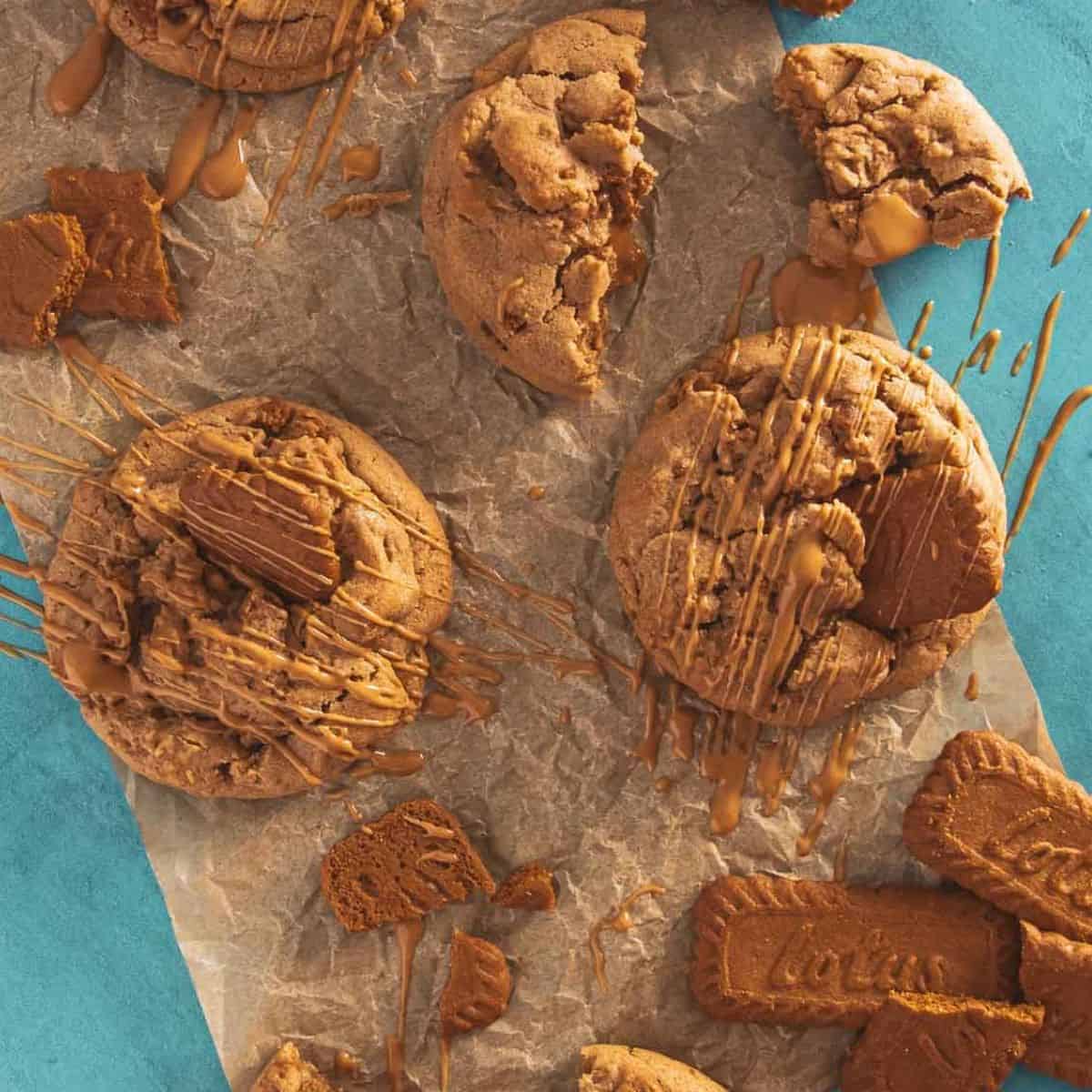 Soft, stuffed cookies drizzled with Biscoff spread and topped with crushed biscuits.