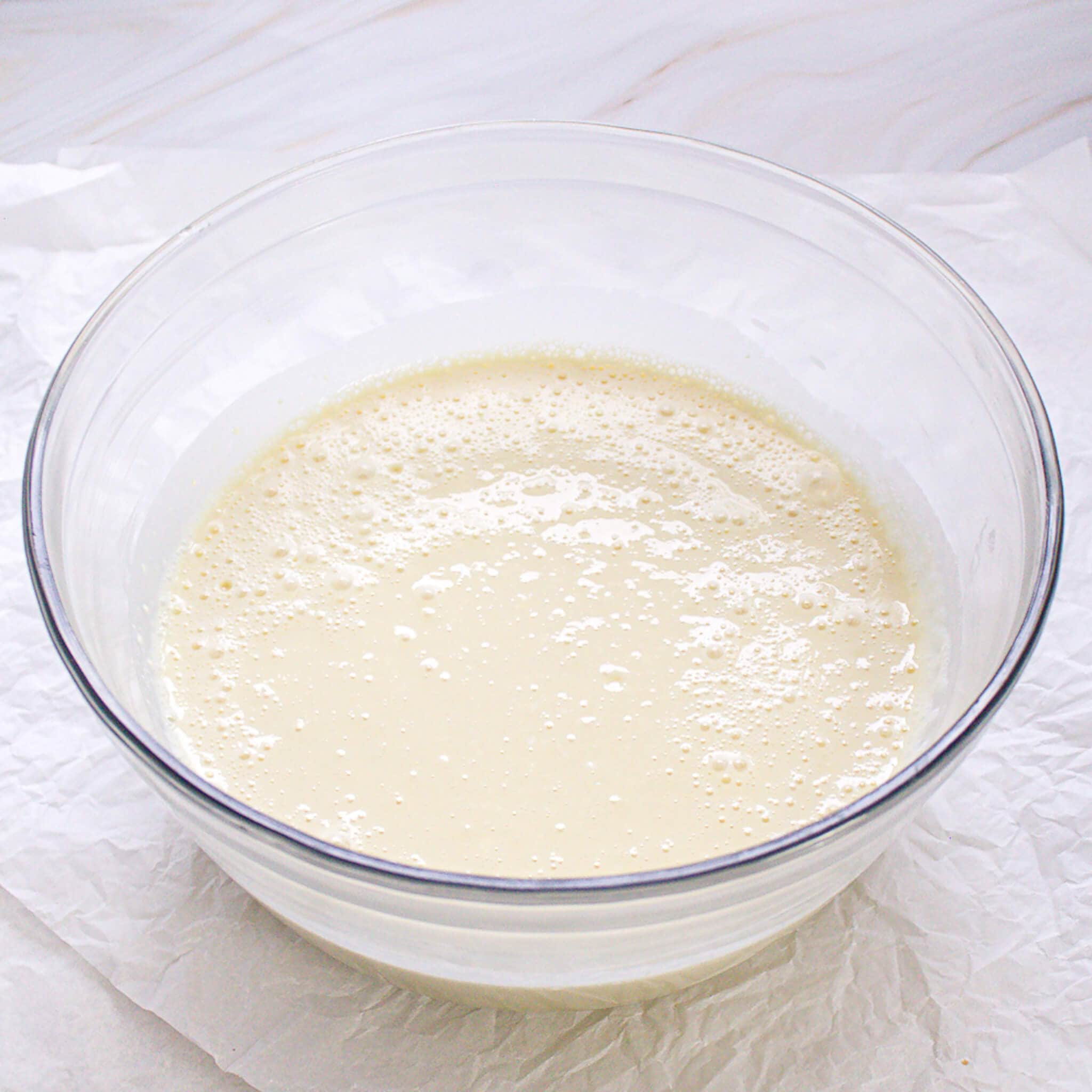 Prepared pudding mixture in a bowl.