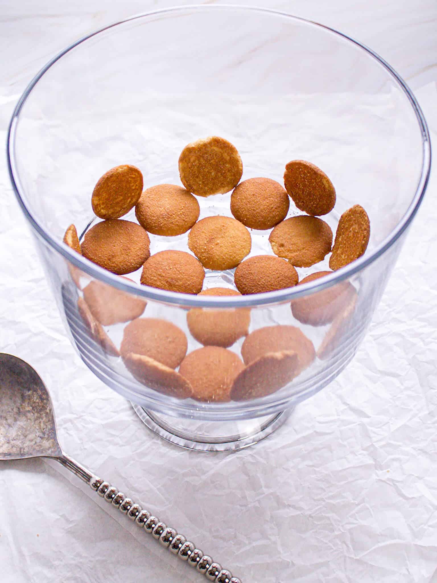 Vanilla wafers placed in a glass bowl.