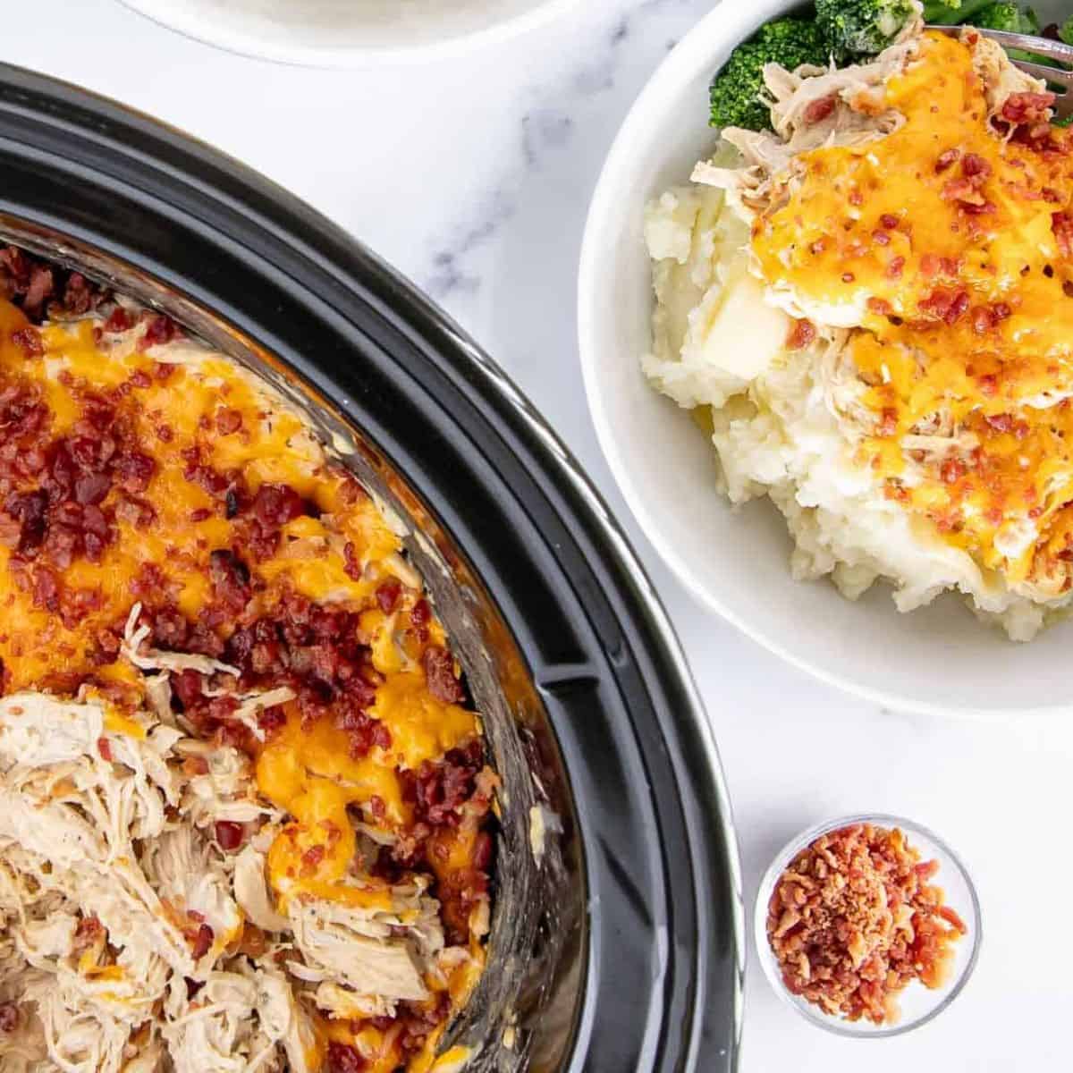 crock pot crack chicken in a black slow cooker on the left and on the right it is served on top of mashed potatoes