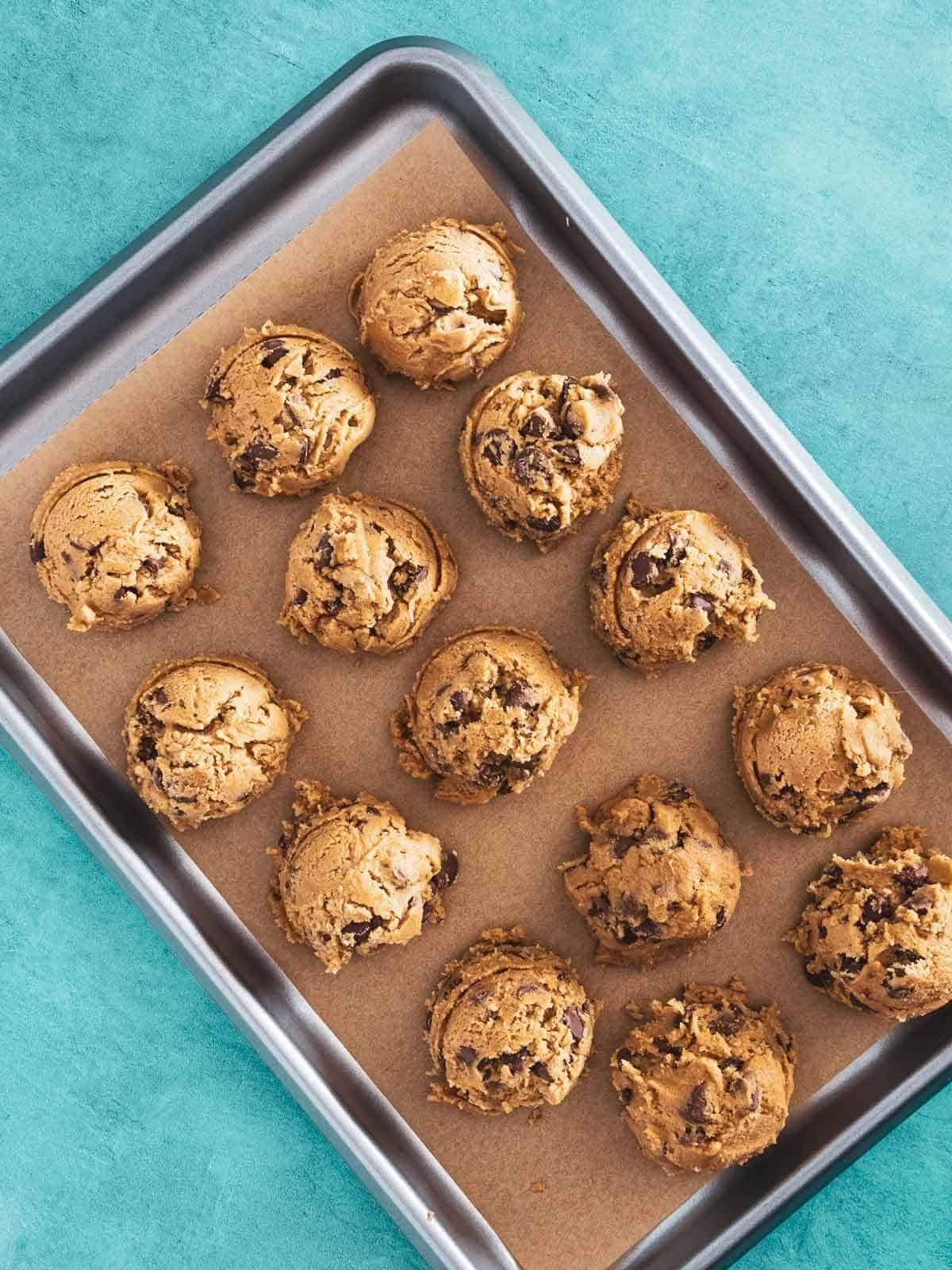 A baking sheet lined with parchment paper, featuring neatly scooped portions of cookie dough.