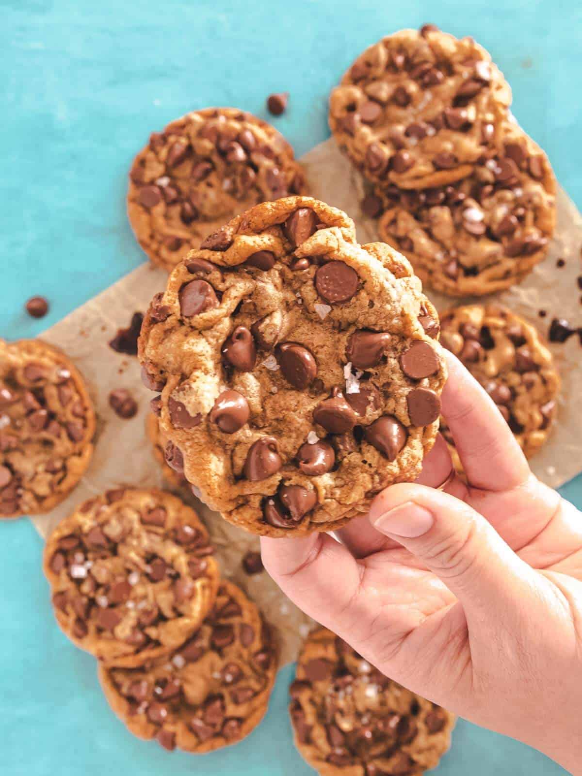 A close-up of holding freshly baked cookies.
