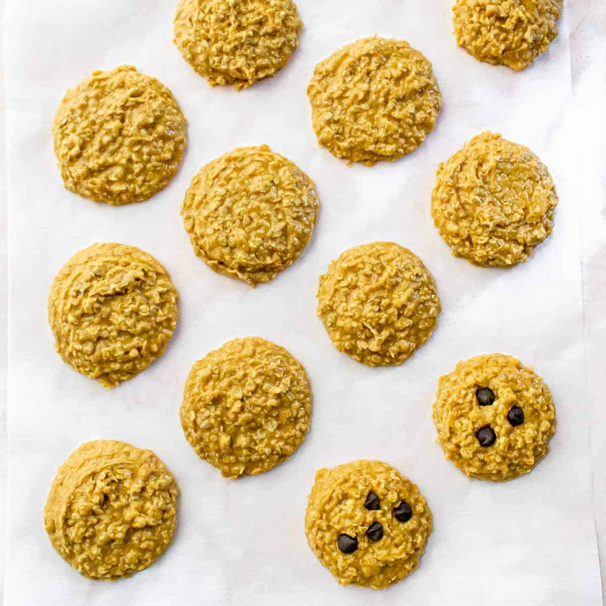 Freshly scooped no-bake cookies are placed on parchment paper to set.