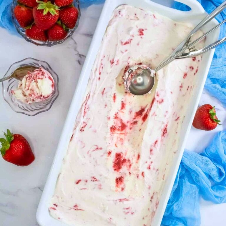 strawberry ice cream in a loaf pan after freezing no churn recipe