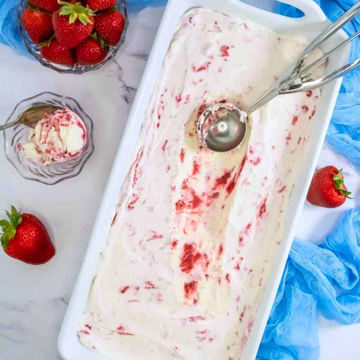 strawberry ice cream in a loaf pan after freezing no churn recipe