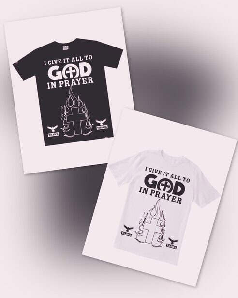 I give it all to God in prayer T-shirt design in black and white, Christian faith, religious apparel, prayer and spirituality.
