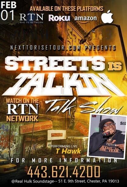 Street Talk TV show promotional poster with live performer T Hawk and contact information.