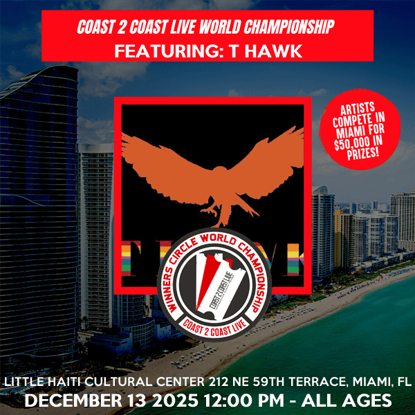 Coast 2 Coast Live World Championship event poster with T Hawk logo in Miami, Florida.