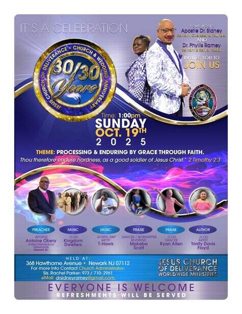 Celebration flyer for UOhnIt.com event, marking 30/30 years of church anniversary, focusing on faith and endurance.