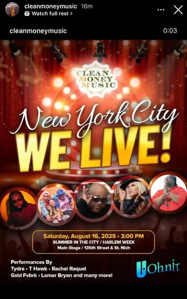 UOhnIt.com, New York City live music event poster with performers and event details.