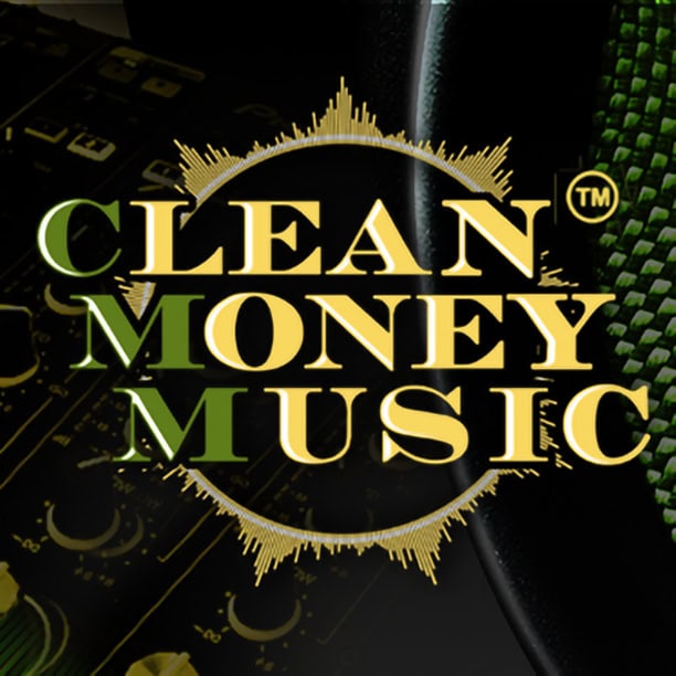 Clean Money Music logo on DJ equipment background, representing music and financial success.
