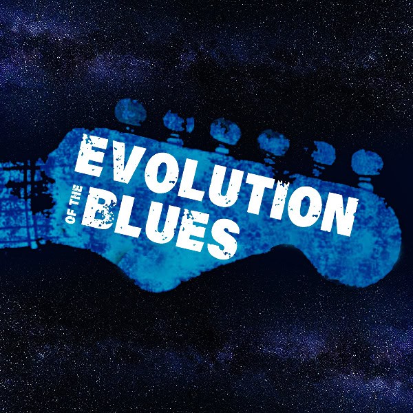 Electric guitar headstock with "Evolution of the Blues" text, featuring a starry night background.