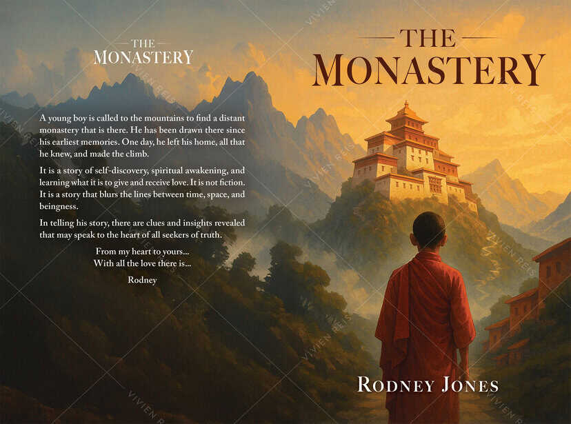 UOhnIt.com - The Monastery book cover with mountain landscape and young boy in red robes.