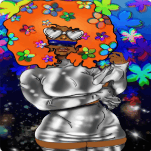Colorful cartoon woman with vibrant orange hair, flower accessories, and stylish sunglasses.