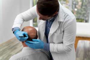Doctor making ready for hair transplant in Albania.