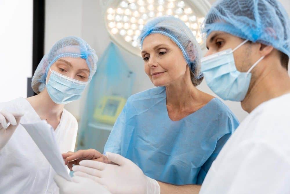 Medical team preparing for plastic surgery in Albania clinic.
