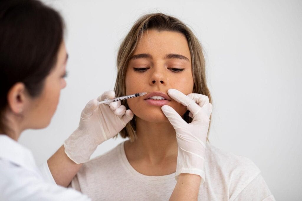 Woman receiving anti-aging facial treatment in Albania clinic.