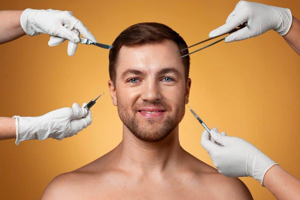 Mannelijke patiënt die cosmetische injecties ondergaat voor een facelift in Albanië.