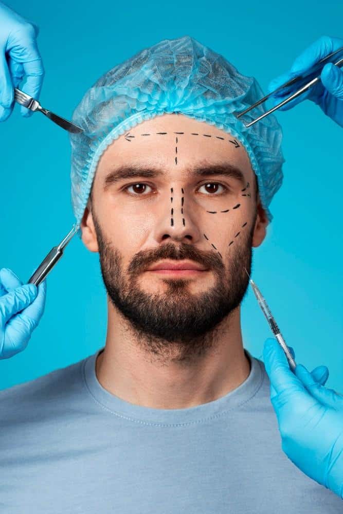 Mannelijke patiënt ter voorbereiding op een faceliftoperatie met chirurgische markeringen in een kliniek.