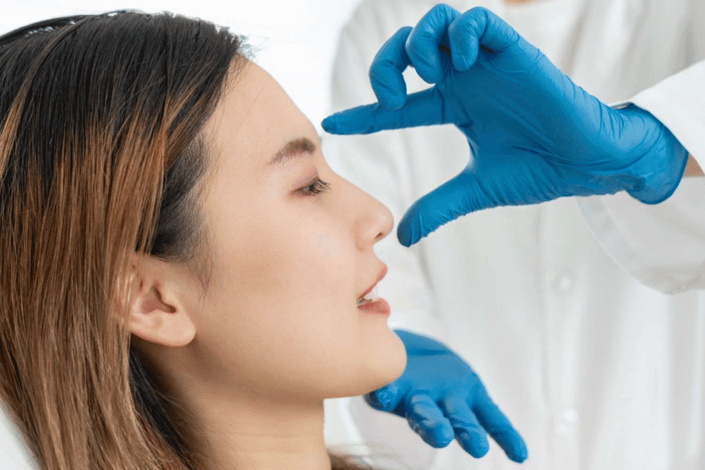 Woman receiving rhinoplasty consultation in Albania for affordable cosmetic surgery.