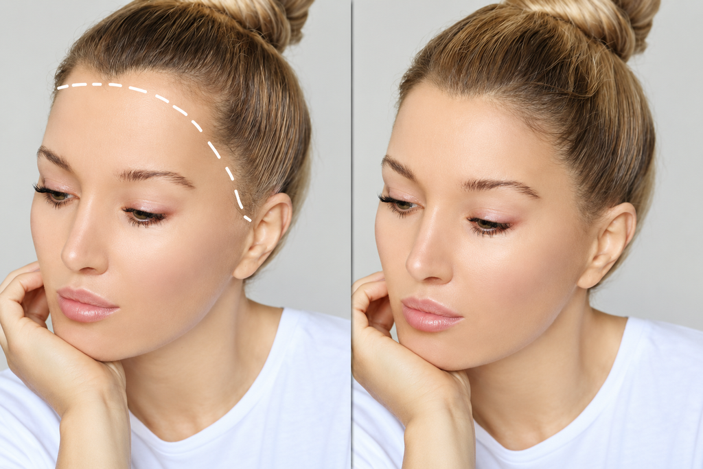 Woman showing facelift results with before and after images.
