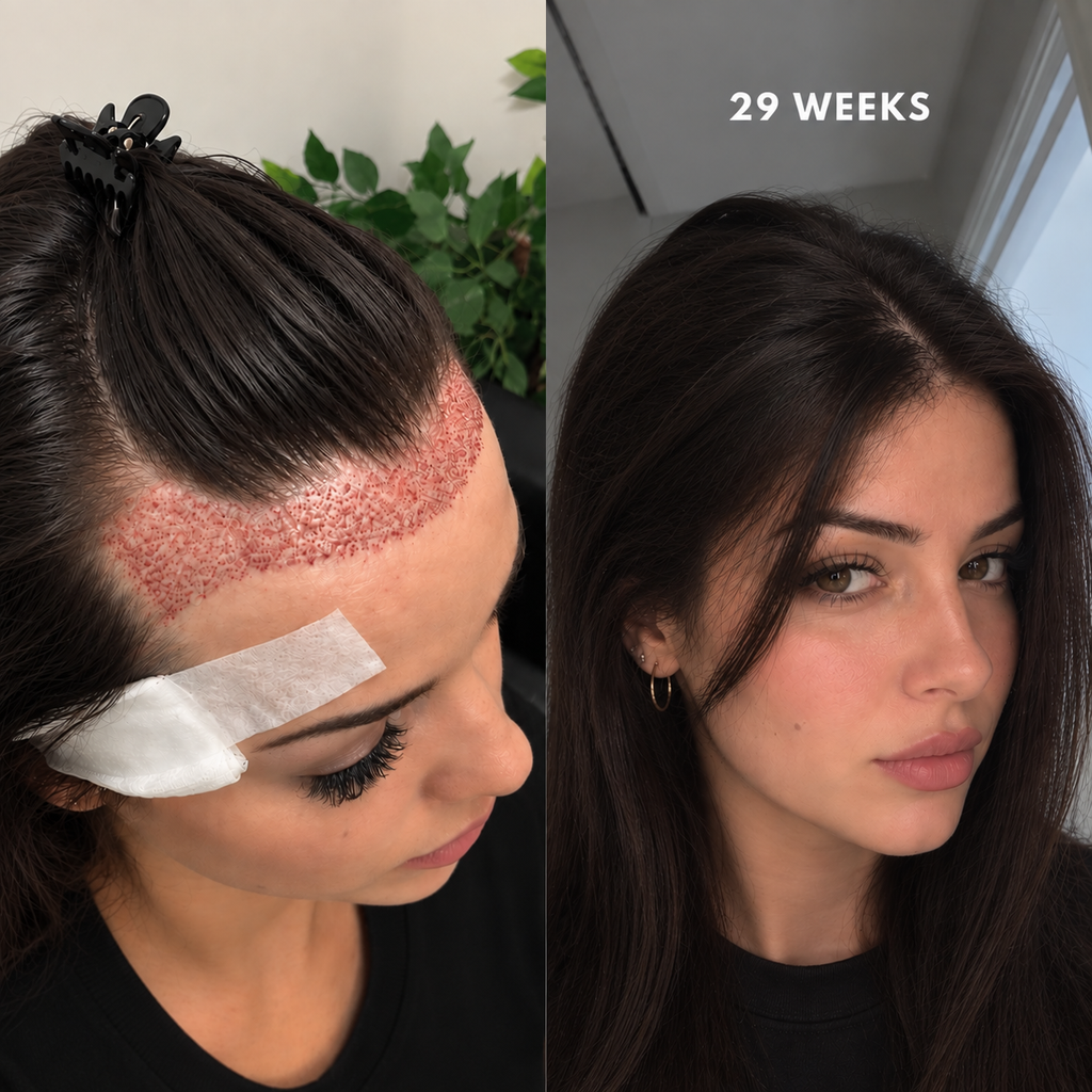 Female hair transplant progress at 29 weeks in Albania.