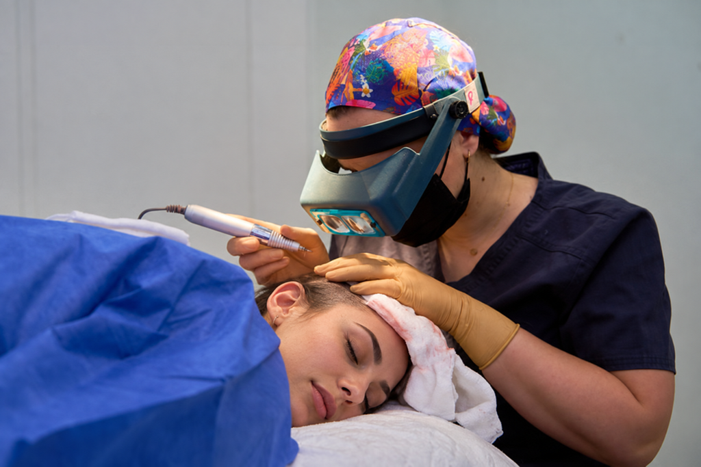 Cosmetic dental procedure in Albania with a patient and dentist.