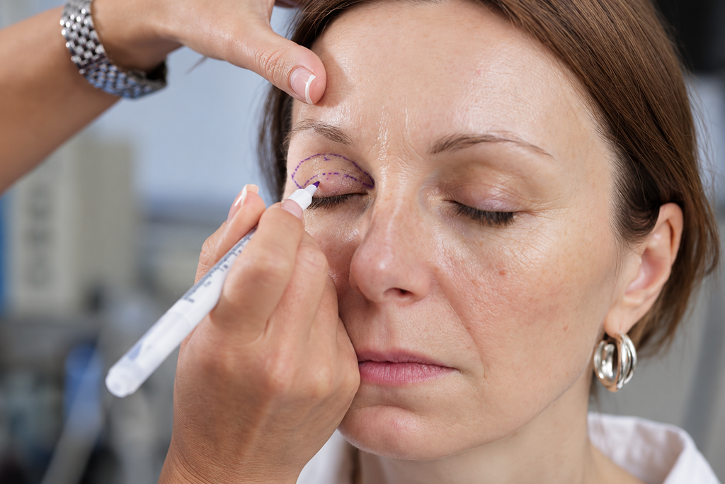 Comparison of eyelid appearance before and after eyelid surgery.