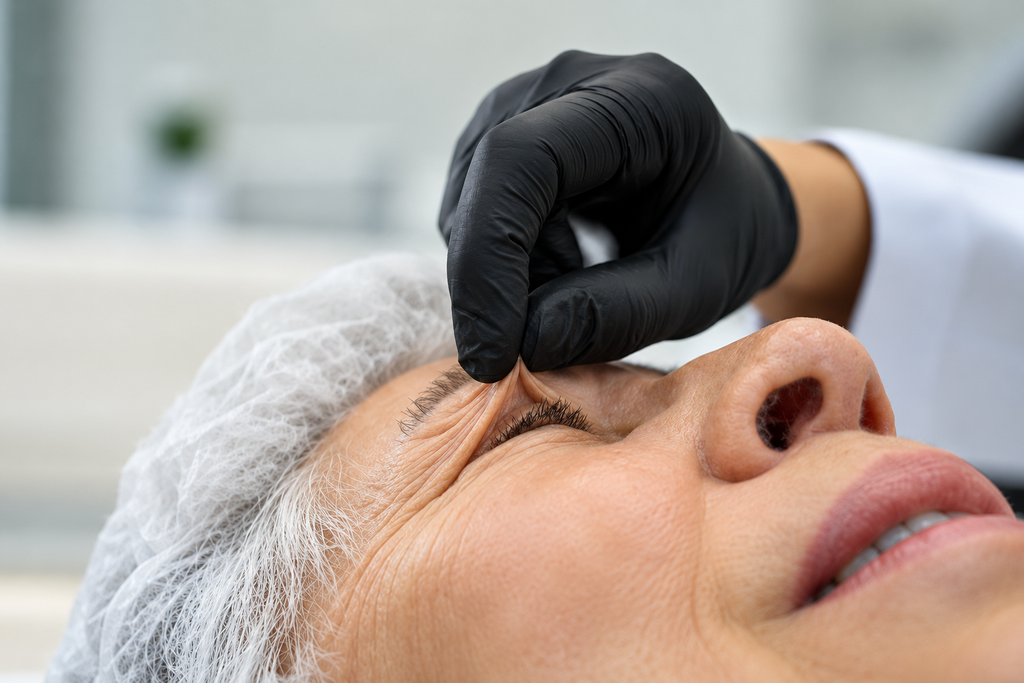 Cosmetic surgeon performs eyelid surgery on a woman in a clinic setting.