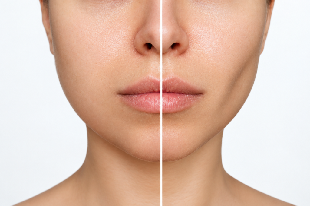 Before and after skin treatment showing improved skin clarity and texture.