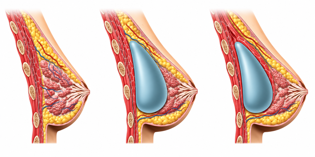 Breast augmentation surgery illustration showing before and after results.