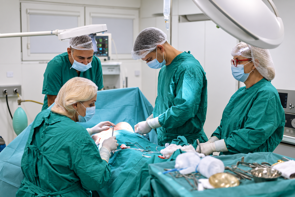Surgeons performing a medical operation in an operating room.