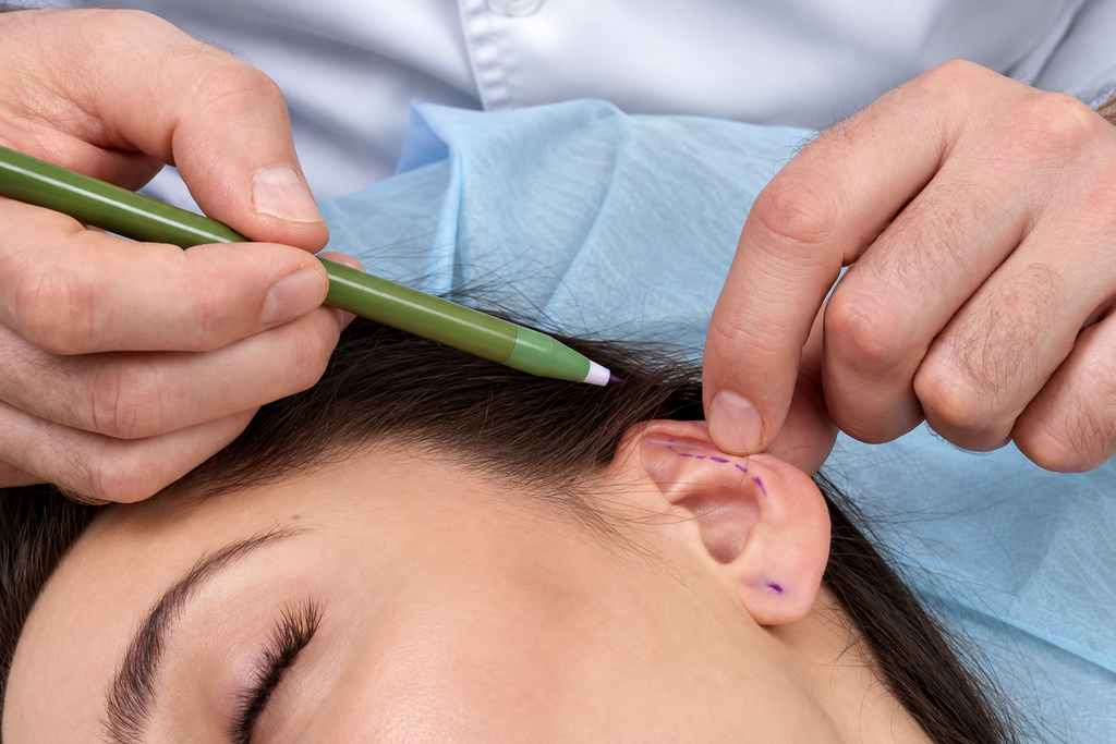 Cosmetic procedure on woman's ear in a medical setting.