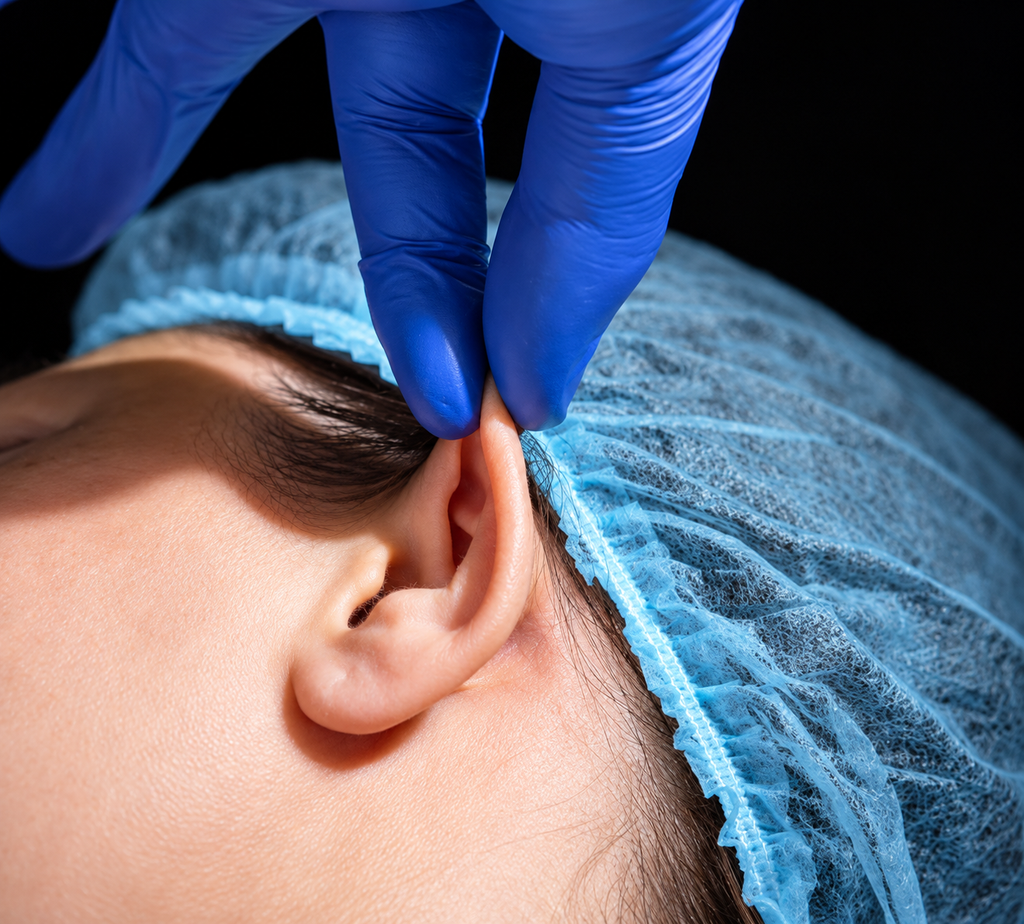 Doctor performing ear examination or procedure in a medical setting.
