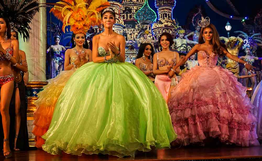 Ladyboys in Bangkok wearing stunning dresses and tiaras. 