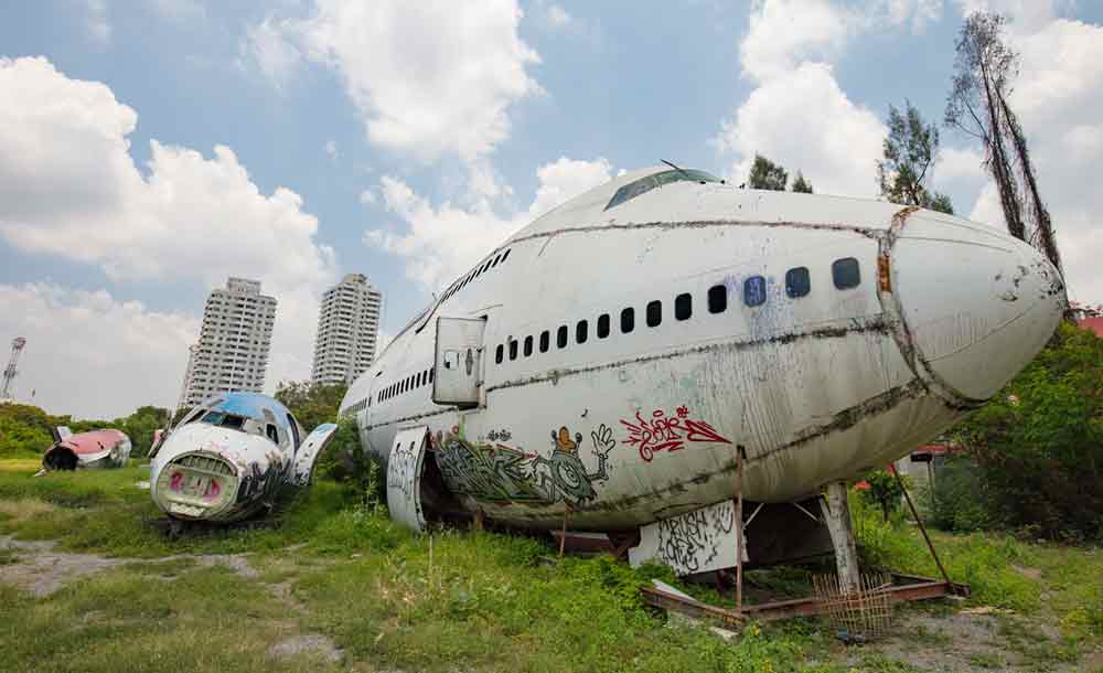 Abandoned airplanes at the Airplane Graveyard in Bangkok. 