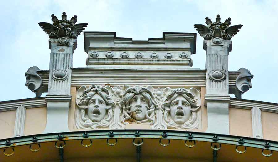 Where to See Art Nouveau in Riga, Latvia: Exploring The Art Nouveau District, Riga 2 The Lyebedinskiy apartment building, Alberta Street 4 with three carved faces at Riga, Latvia