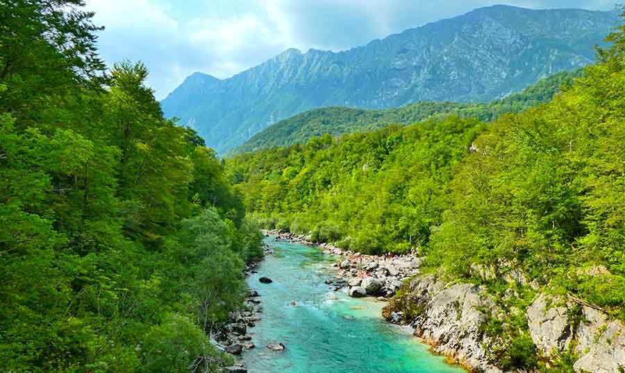 The Soca River offers a perfect white rafting route, featuring turquoise water surrounded by lush green trees.