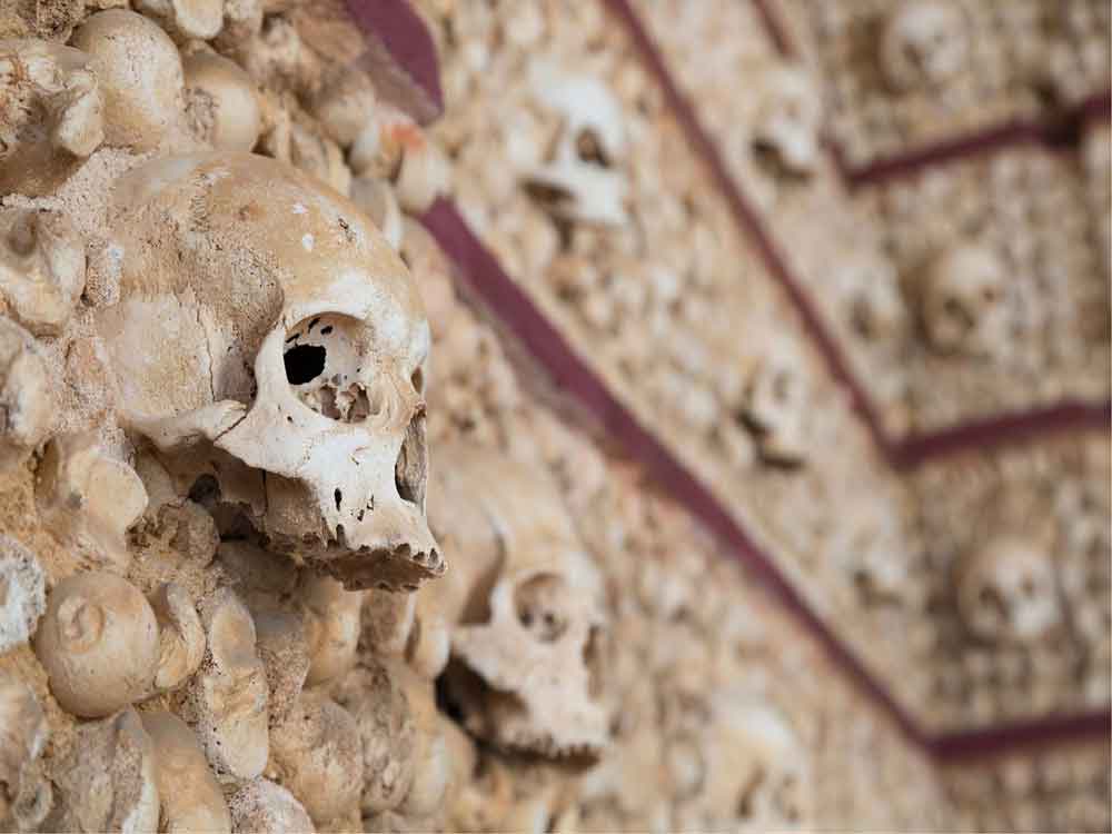 Chapel of Bones, located in Évora, is a chapel covered with human bones and skulls on its walls.
