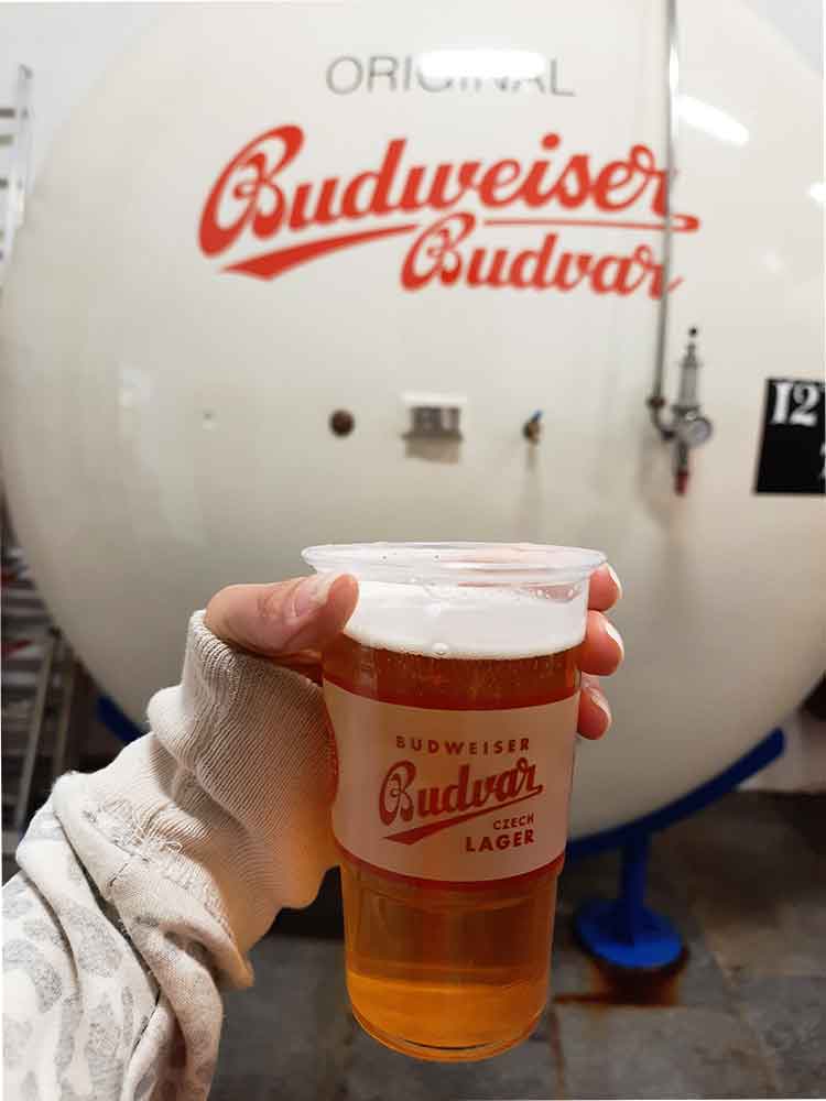 A pint of Budweiser beer with the Budweiser tank in the background. 