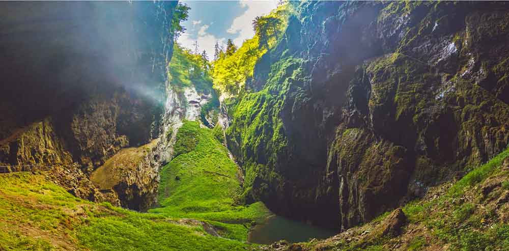 A grassy and mossy abyss inside a cave.