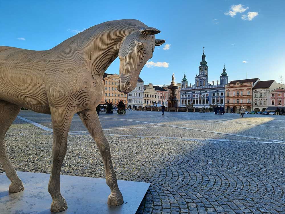 a Horse sculpture as part of an art trail in the city of ceske budejovice