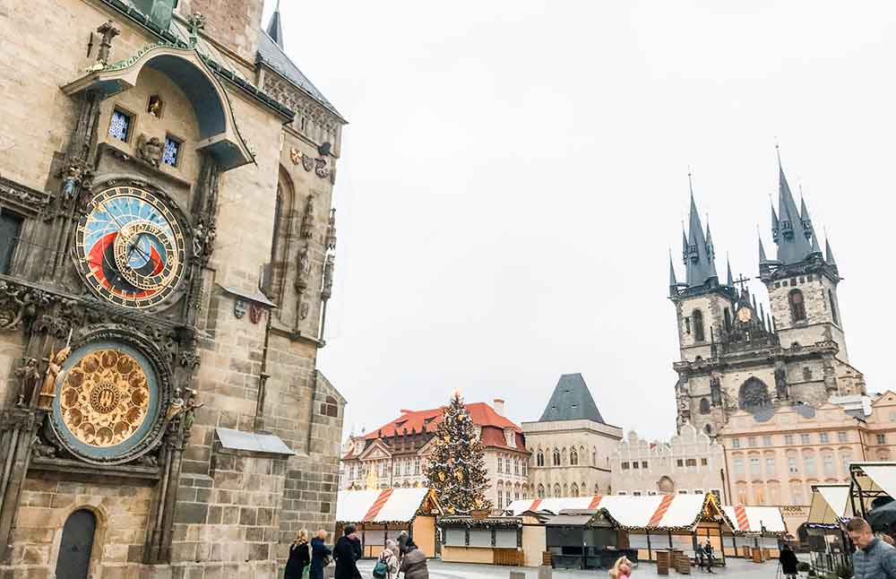 Prague in wintertime with the astronomical clock and Christmas markets