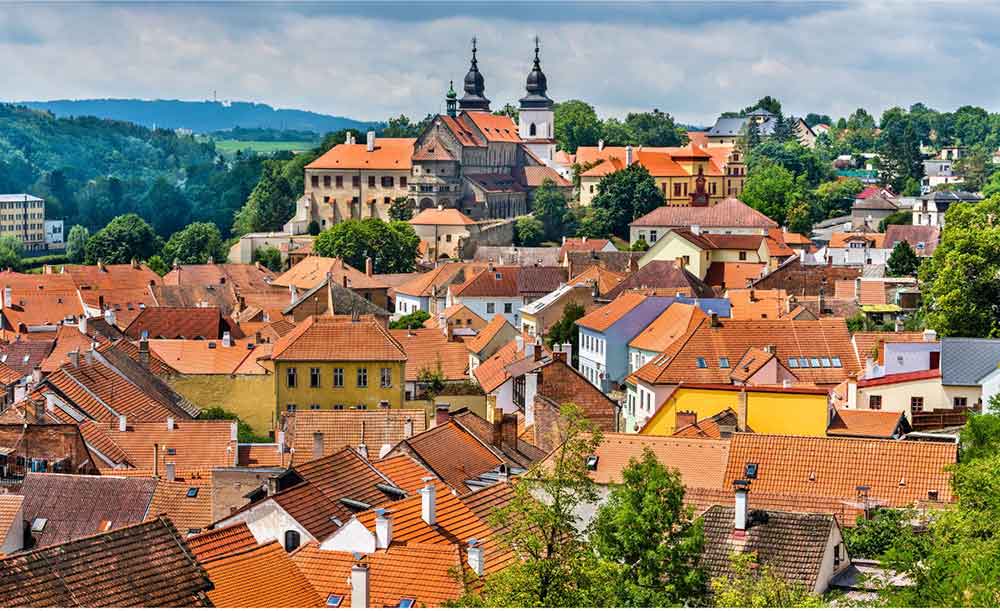 Red roofs and colourful houses in the countryside at Trebic Old Town. 