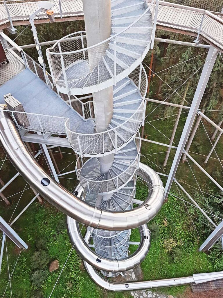 Looking fown from Central Spiral Slide at the Treetop Walkway in Lipno.