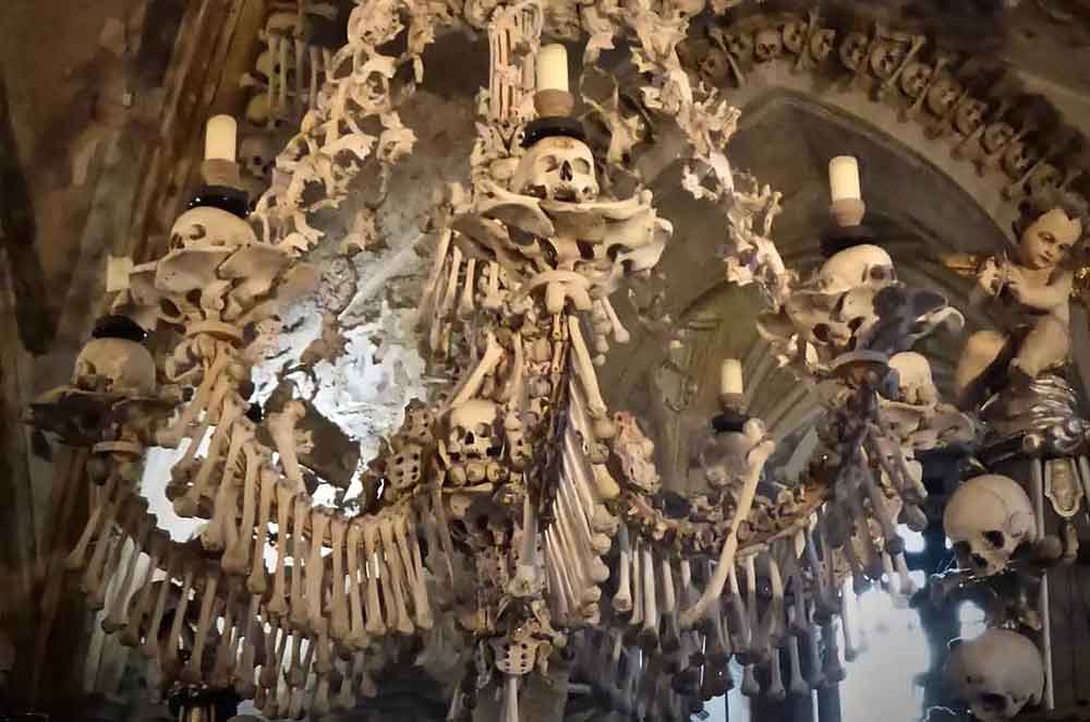 A chandelier made from bones and skulls in Kunta Hora.